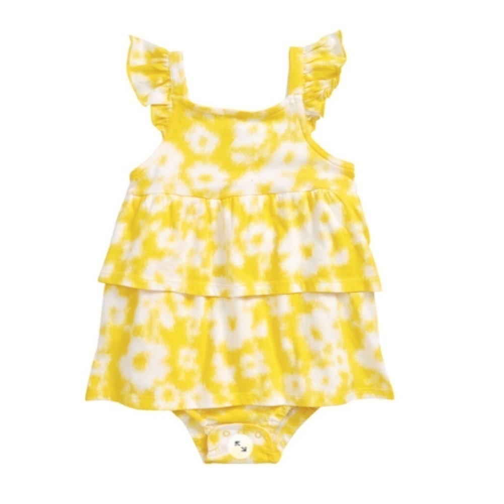 TUCKER + TATE Babies FLORAL Ruffle ROMPER Sleeveless YELLOW Vibrant IKAT Sz 18 M